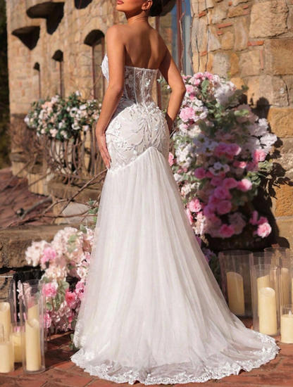 Vintage Strapless Sweetheart Mermaid Floral Lace Appliques Tulle Wedding Dress TP5983