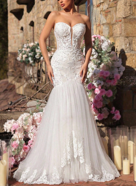 Vintage Strapless Sweetheart Mermaid Floral Lace Appliques Tulle Wedding Dress TP5983