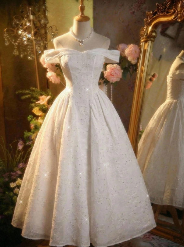 Romantic Off-the-Shoulder Sparkle Lace Tea Length A-Line Wedding Dress TP5984
