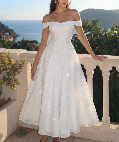 Romantic Off-the-Shoulder Sparkle Lace Tea Length A-Line Wedding Dress TP5984