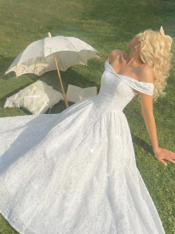Romantic Off-the-Shoulder Sparkle Lace Tea Length A-Line Wedding Dress TP5984