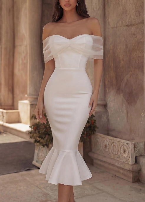 Romantic Off-the-Shoulder Satin Mermaid Tea Length Wedding Dress TP5985