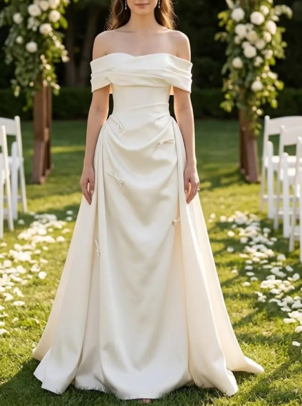 Romantic Off-the-Shoulder Satin Draped A-Line Bow Details Wedding Dress TP5989