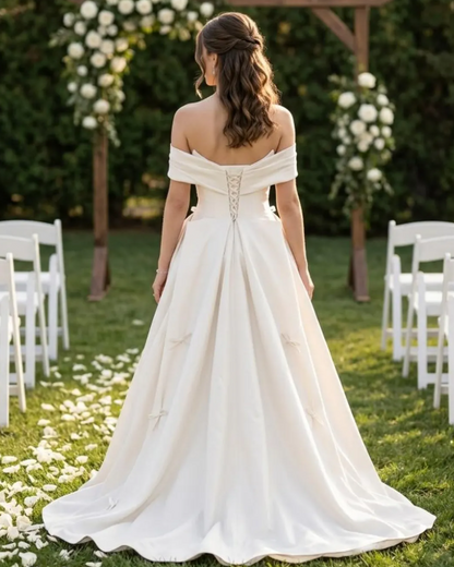 Romantic Off-the-Shoulder Satin Draped A-Line Bow Details Wedding Dress TP5989