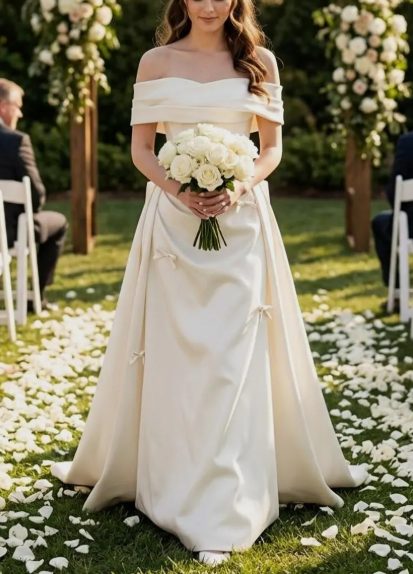 Romantic Off-the-Shoulder Satin Draped A-Line Bow Details Wedding Dress TP5989