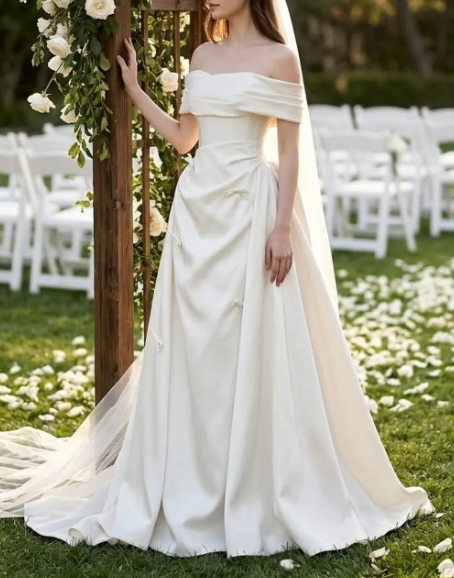 Romantic Off-the-Shoulder Satin Draped A-Line Bow Details Wedding Dress TP5989