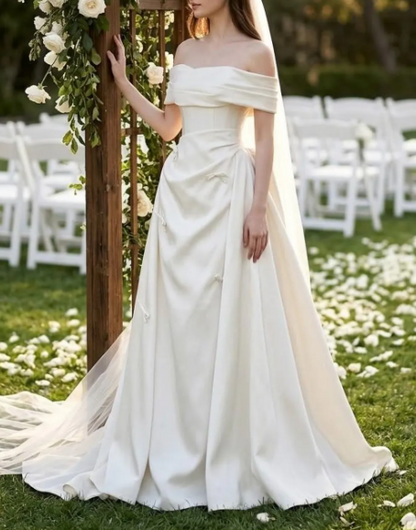 Romantic Off-the-Shoulder Satin Draped A-Line Bow Details Wedding Dress TP5989