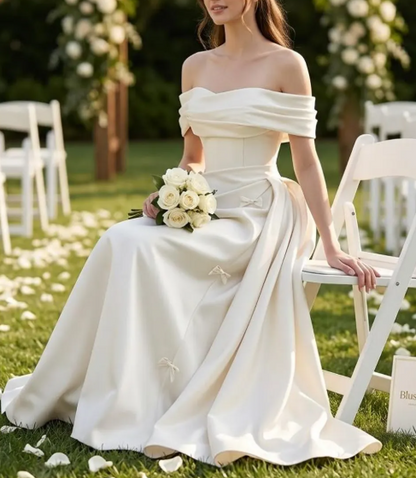 Romantic Off-the-Shoulder Satin Draped A-Line Bow Details Wedding Dress TP5989