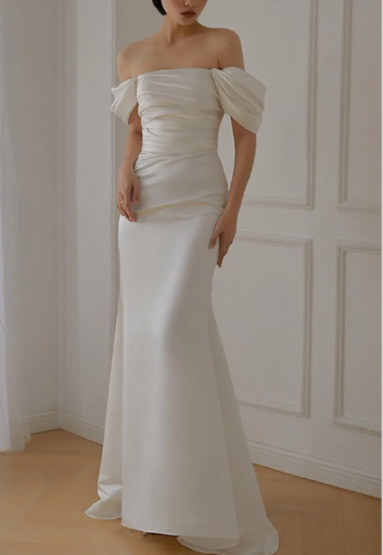 Romantic Ivory Off-the-Shoulder Satin Mermaid Ruched Bodice Wedding Dress TP5990