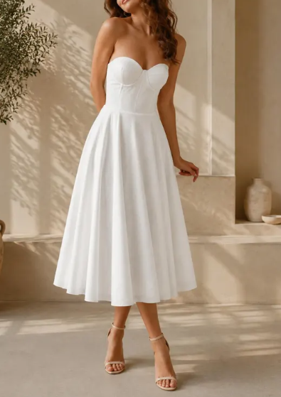 Romantic White Strapless Sweetheart Corset Chiffon A-Line Tea Length Wedding Dress TP5991