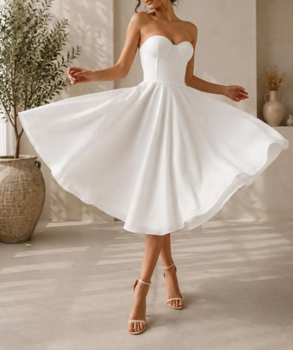 Romantic White Strapless Sweetheart Corset Chiffon A-Line Tea Length Wedding Dress TP5991