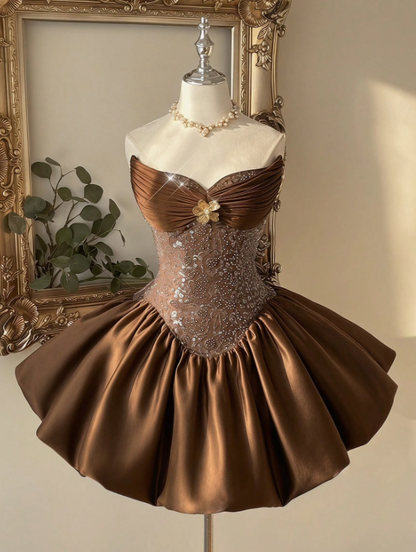 Vintage Brown Strapless Beaded Bubble Satin A-Line Homecoming Dress TP6037
