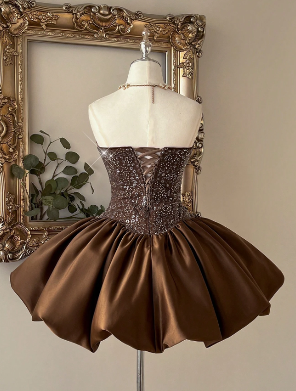 Vintage Brown Strapless Beaded Bubble Satin A-Line Homecoming Dress TP6037