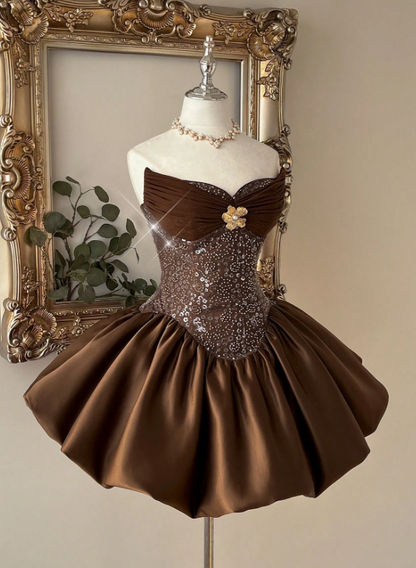 Vintage Brown Strapless Beaded Bubble Satin A-Line Homecoming Dress TP6037