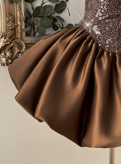 Vintage Brown Strapless Beaded Bubble Satin A-Line Homecoming Dress TP6037