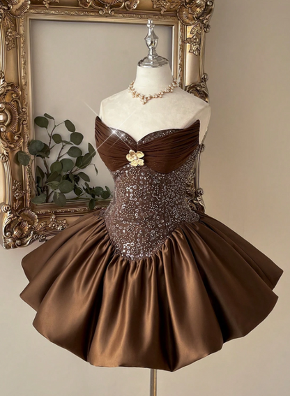 Vintage Brown Strapless Beaded Bubble Satin A-Line Homecoming Dress TP6037