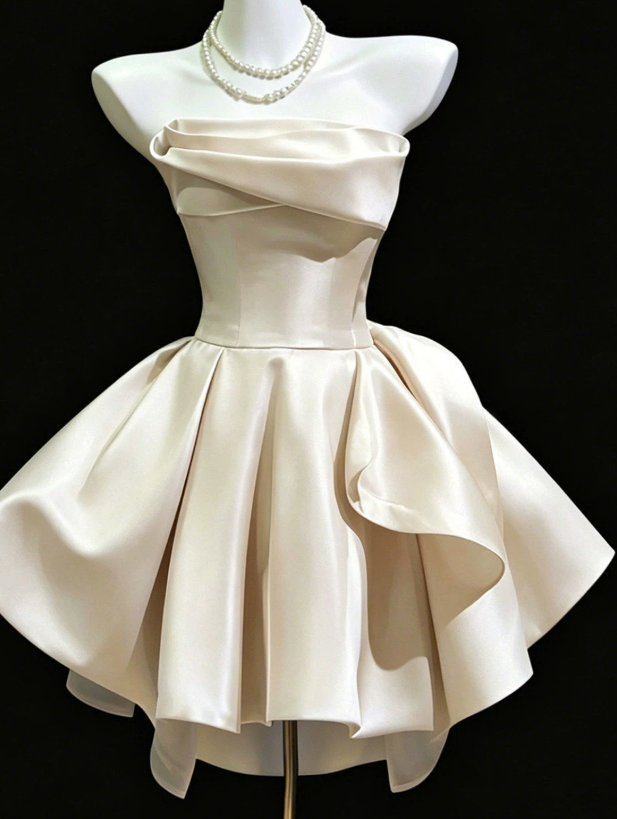 Vintage Ivory Satin Strapless Draped A-Line Ruffle Homecoming Dress TP6048