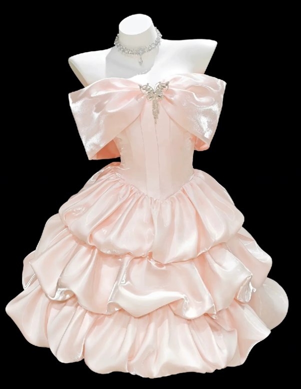 Vintage Pink Satin Strapless Tiered Ruffle A-Line Homecoming Dress TP6052
