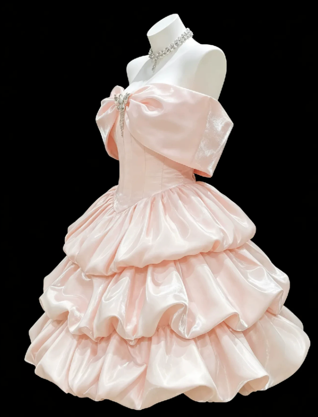 Vintage Pink Satin Strapless Tiered Ruffle A-Line Homecoming Dress TP6052
