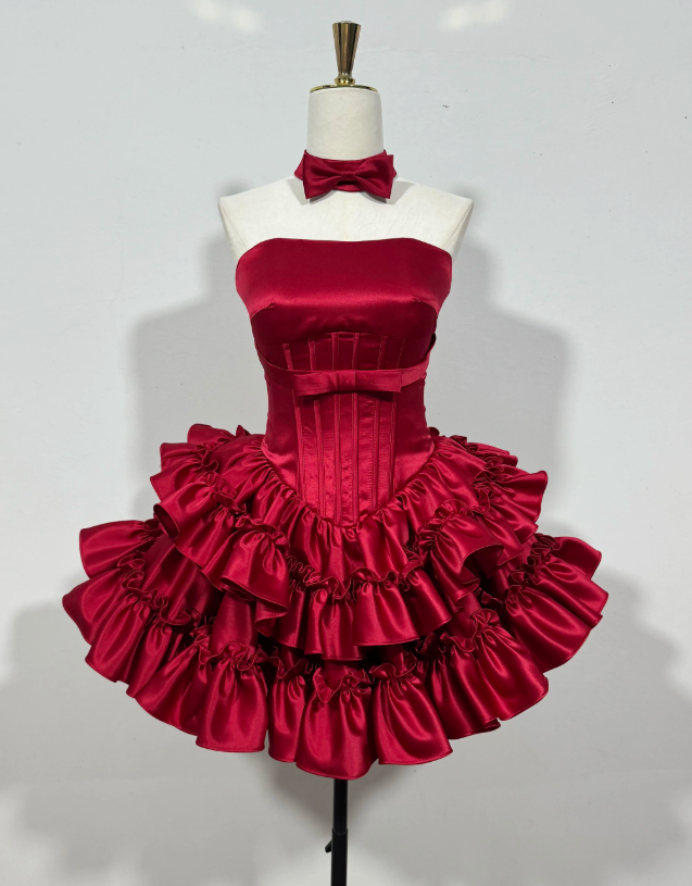 Vintage Red Satin Strapless Tiered Ruffle A-Line Homecoming Dress TP6053