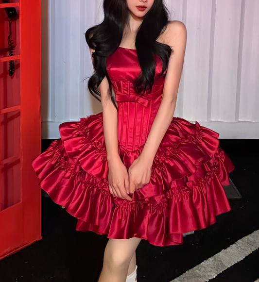 Vintage Red Satin Strapless Tiered Ruffle A-Line Homecoming Dress TP6053