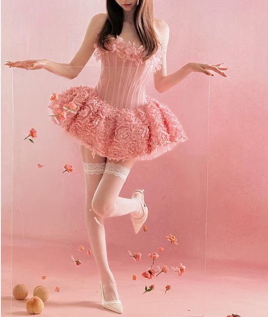 Vintage Pink Strapless 3D Rose Floral A-Line Homecoming Dress TP6055