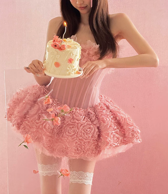 Vintage Pink Strapless 3D Rose Floral A-Line Homecoming Dress TP6055