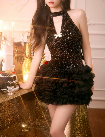 Vintage Black Sequin Halter-Neck Ruffle Tulle A-Line Short Homecoming Dress TP6056