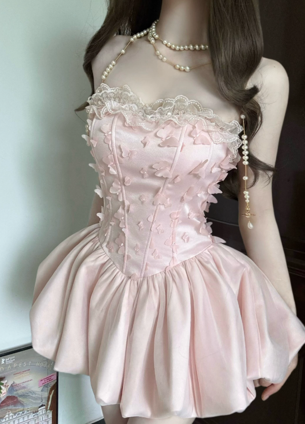 Vintage Pink Satin Strapless Lace Ruffle 3D Butterfly Appliques A-Line Homecoming Dress TP6058