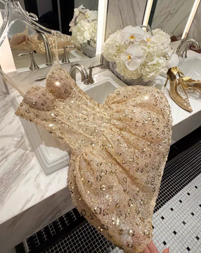 Vintage Champagne Strapless Glitter Sequin Floral Puffy Bubble Short A-Line Homecoming Dress TP6059