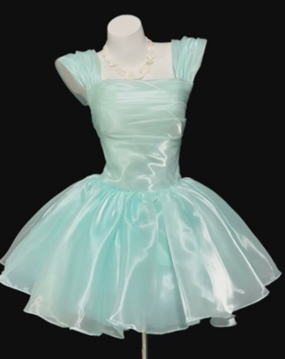 Vintage Mint Green Shiny Organza Square Neck Cap Sleeve Ruched Bodice A-Line Homecoming Dress TP6060