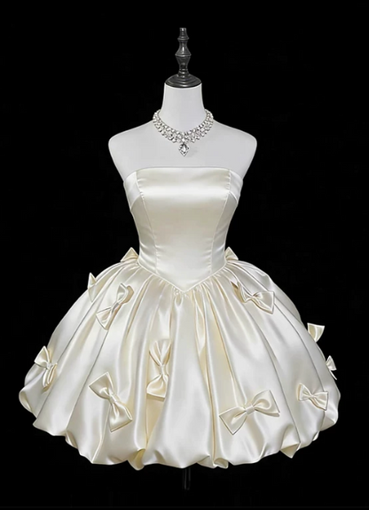 Vintage Strapless Cream Satin Bubble 3D Bows A-Line Homecoming Dress TP6063