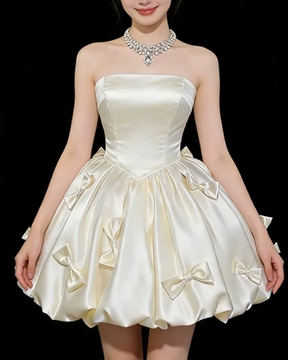 Vintage Strapless Cream Satin Bubble 3D Bows A-Line Homecoming Dress TP6063