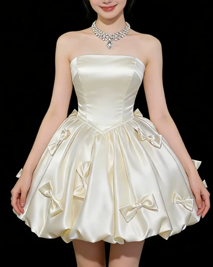 Vintage Strapless Cream Satin Bubble 3D Bows A-Line Homecoming Dress TP6063