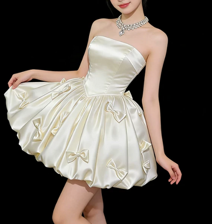 Vintage Strapless Cream Satin Bubble 3D Bows A-Line Homecoming Dress TP6063