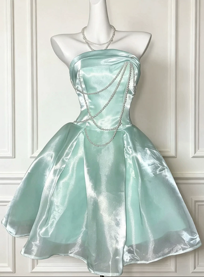 Vintage Mint Green Shiny Organza Strapless Pearl Chain Short A-Line Homecoming Dress TP6064