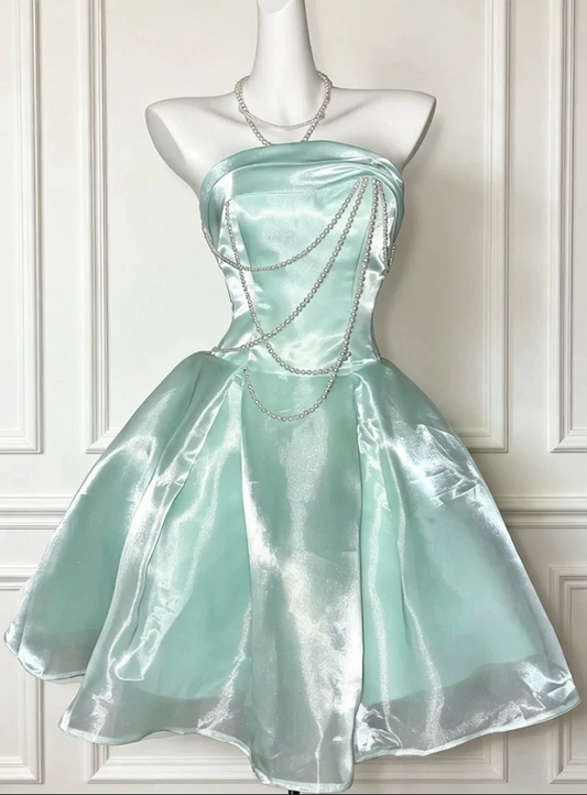 Vintage Mint Green Shiny Organza Strapless Pearl Chain Short A-Line Homecoming Dress TP6064