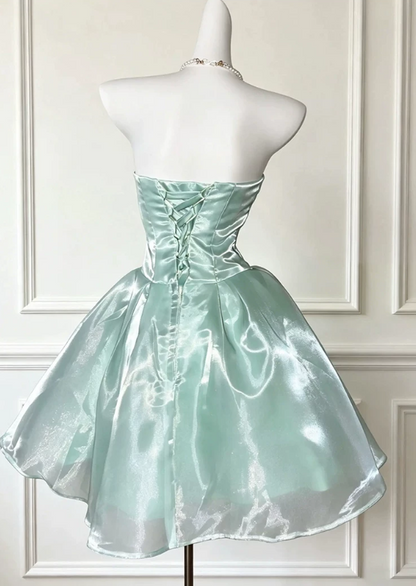 Vintage Mint Green Shiny Organza Strapless Pearl Chain Short A-Line Homecoming Dress TP6064