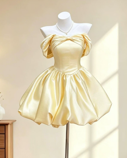 Vintage Yellow Satin Off-the-Shoulder Puffy Bubble A-Line Homecoming Dress TP6065