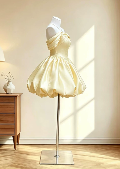Vintage Yellow Satin Off-the-Shoulder Puffy Bubble A-Line Homecoming Dress TP6065
