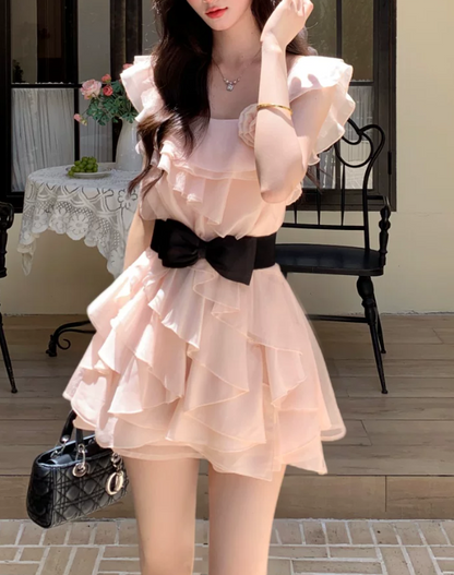 Vintage Pink Ruffle 3D Floral Square Neck Flutter Sleeve Chiffon A-Line Homecoming Dress TP6066