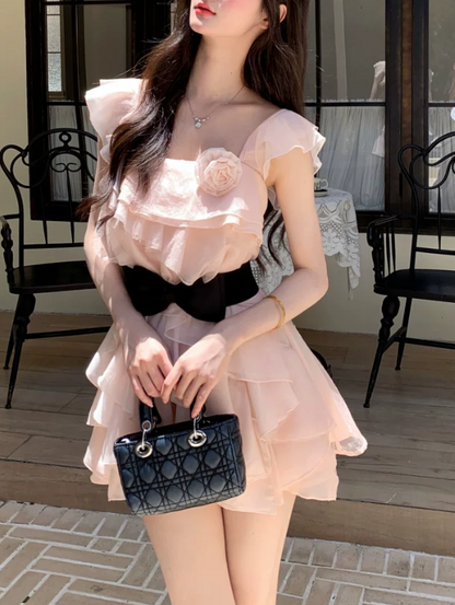 Vintage Pink Ruffle 3D Floral Square Neck Flutter Sleeve Chiffon A-Line Homecoming Dress TP6066