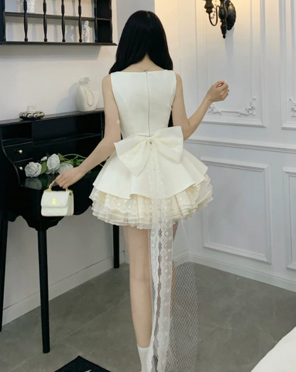 Vintage Cream Square Neck Sleeveless Layered Lace Tulle Hem A-Line Bow Train Homecoming Dress TP6068