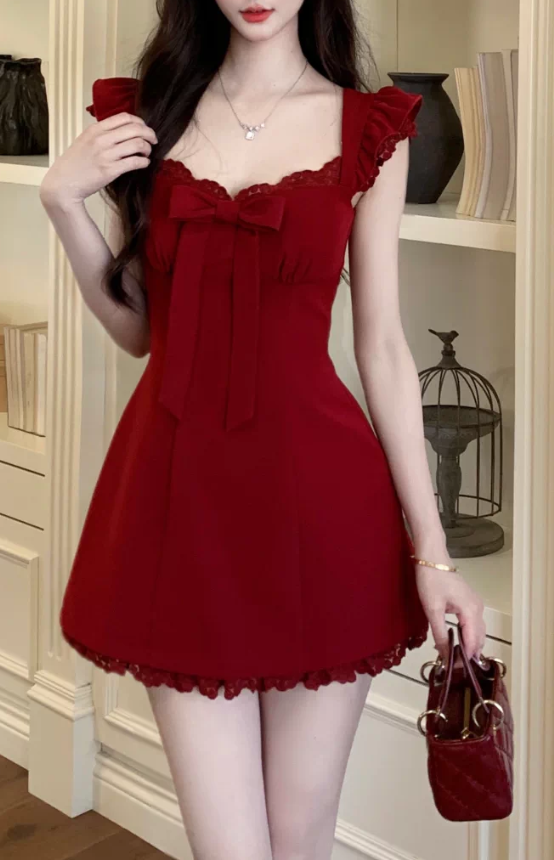 Vintage Burgundy Ruffle Strap Fly Sleeve Bow Square Neck Lace Hem A-Line Homecoming Dress TP6070