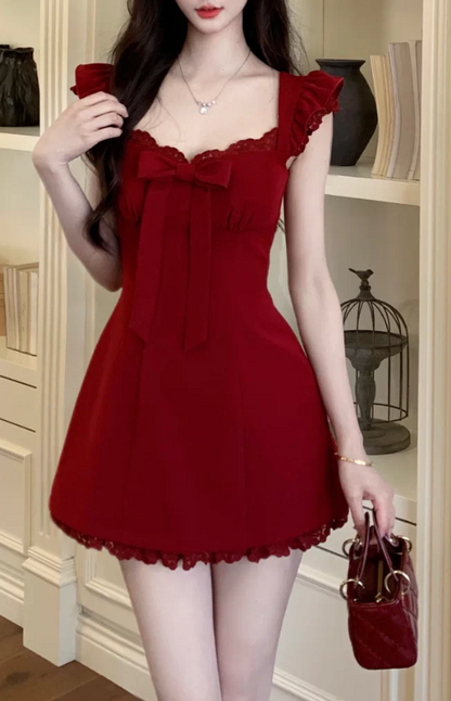 Vintage Burgundy Ruffle Strap Fly Sleeve Bow Square Neck Lace Hem A-Line Homecoming Dress TP6070