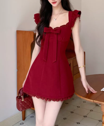 Vintage Burgundy Ruffle Strap Fly Sleeve Bow Square Neck Lace Hem A-Line Homecoming Dress TP6070