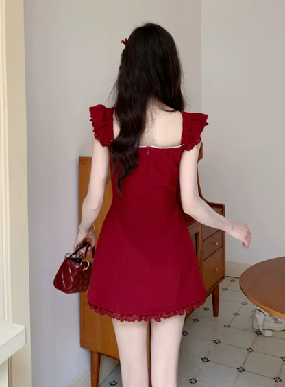 Vintage Burgundy Ruffle Strap Fly Sleeve Bow Square Neck Lace Hem A-Line Homecoming Dress TP6070