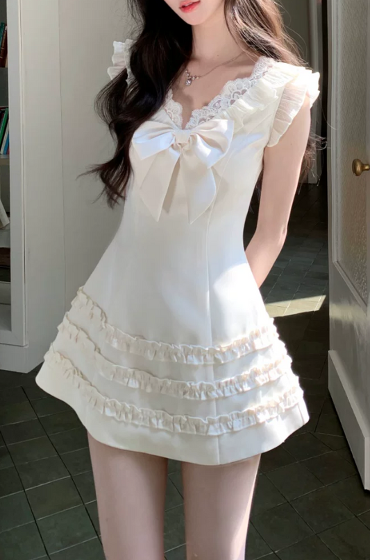 Vintage Cream V-Neck Lace Ruffle Bow Cap Sleeve Tiered A-Line Homecoming Dress TP6072