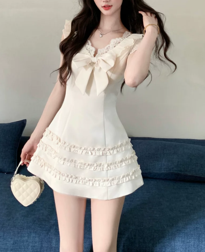 Vintage Cream V-Neck Lace Ruffle Bow Cap Sleeve Tiered A-Line Homecoming Dress TP6072