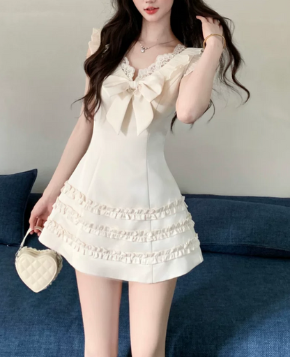 Vintage Cream V-Neck Lace Ruffle Bow Cap Sleeve Tiered A-Line Homecoming Dress TP6072